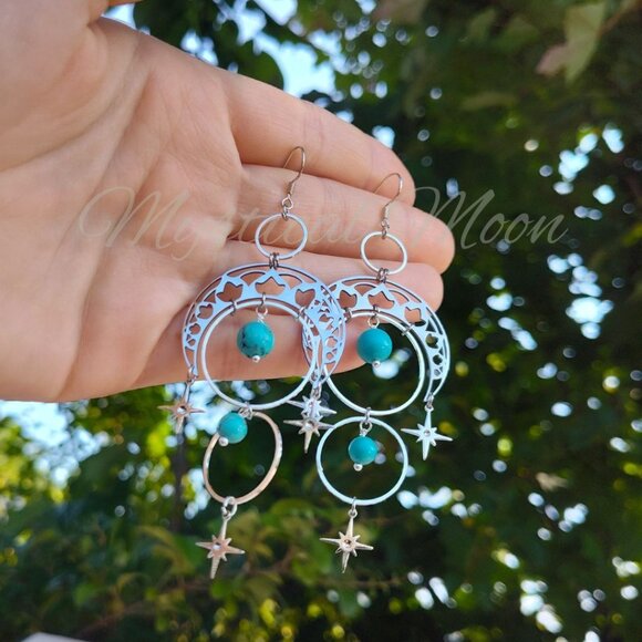 Boho Celestial Crescent Moon Dangle Earrings with Turquoise Gemstone Beads - Picture 2 of 5